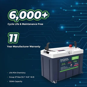 12V 120AH Group 27 LiFePO4 Battery Cranking & Deep Cycle Lithium Battery (Dual Purpose)