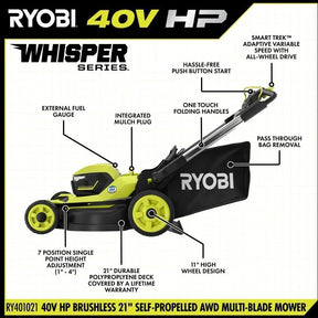RYOBI 40v Hp brushless 21″ self-propelled AWD dual-blade mower kit