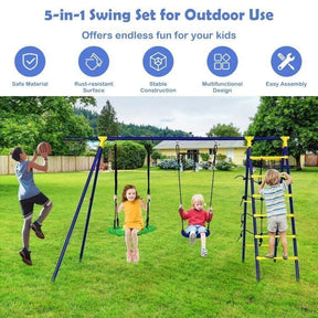 Ultimate 5-In-1 Outdoor Kids Swing Set with Sturdy A-Frame Metal Construction and Secure Ground Stakes