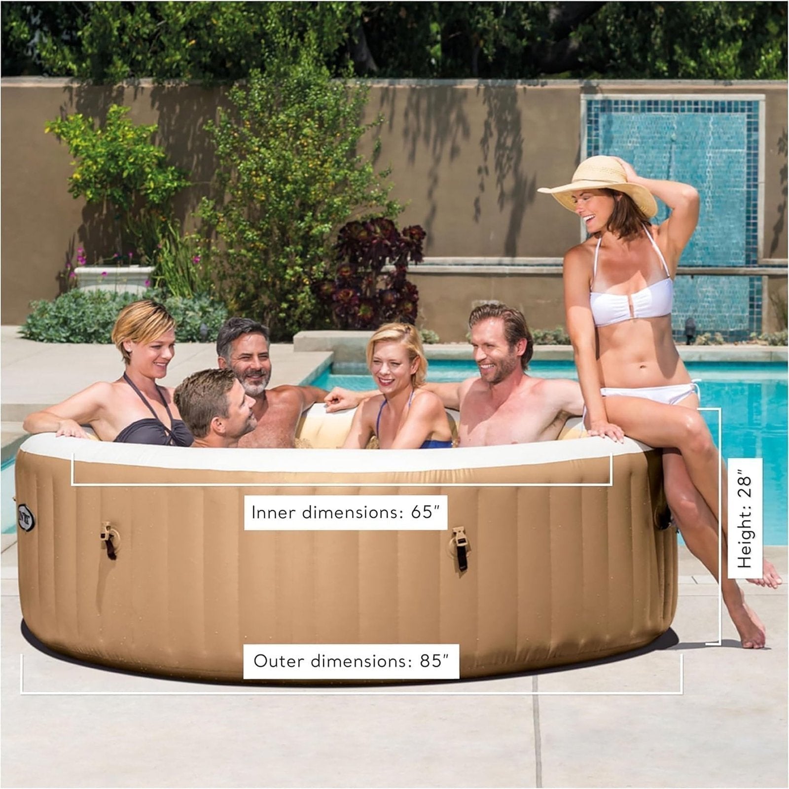 Intex: PureSpa: Sahara Tan Inflatable Hot Tub Set – 6 Person – 85″ Round Outdoor Heated Bubble Spa, Jet Massage, Cover, Hard Water Treatment System