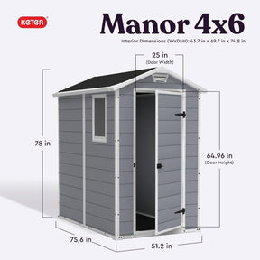 Keter Manor 4×6 Resin Outdoor Storage Shed Kit-Perfect to Store Patio Furniture, Garden Tools Bike Accessories, Beach Chairs and Lawn Mower, Grey & White
