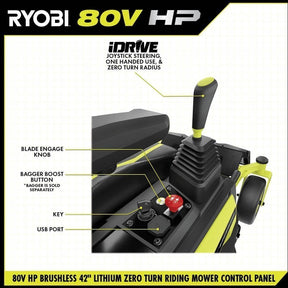 RYOBI 80V HP Brushless 42 in. Battery Electric Cordless Zero Turn Riding Mower Batteries and Charger 80V Batteries 40V